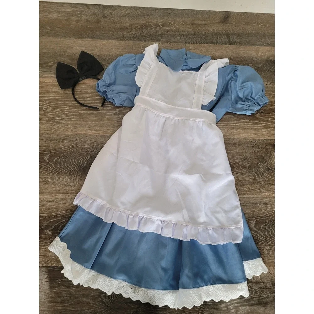 Kids Alice in Wonderland Costume 12 Blue Dress White Apron Black Bow Headband #S